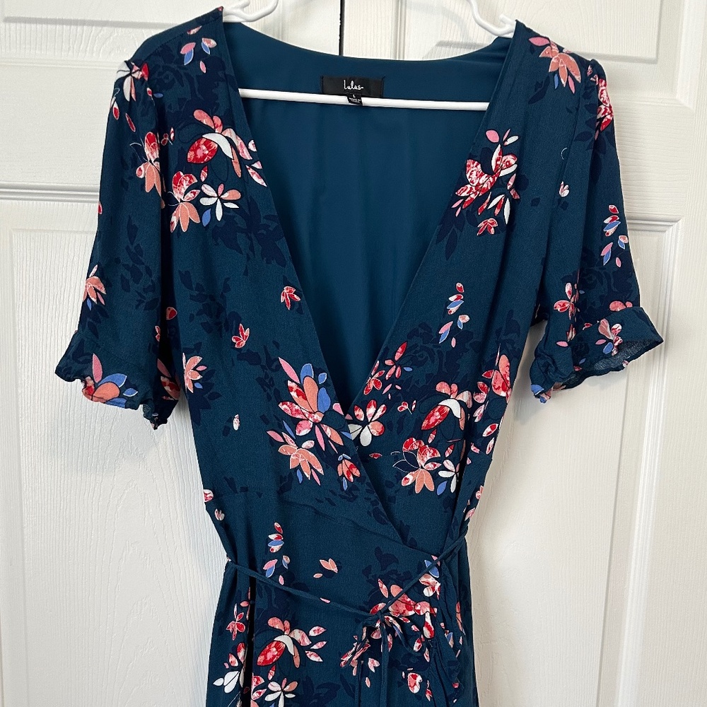Dalton Teal Blue Floral Print Ruffled Wrap Dress LULUs